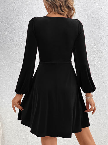 1737393 A-Line High Waisted Knot Pleated Solid Color Split-Joint Velvet Deep V-Neck Mini Dresses