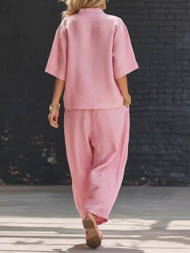 1771071 Loose Solid Color V-Neck Asymmetric Buttoned Blouses&Shirts Tops + High Waisted Pockets Pants Trousers Two Pieces Set