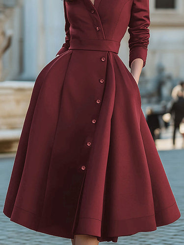 A-Line High Waisted Buttoned Pockets Solid Color Split-Joint Stand Collar Midi Dresses