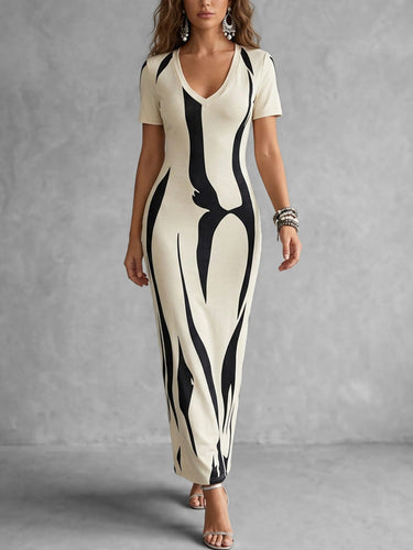 1784548 Bodycon High Waisted Contrast Color Printed Split-Back V-Neck Maxi Dresses
