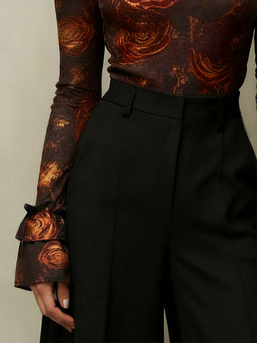 Blusen und Hemden mit ausgestellten Ärmeln, langen Ärmeln, Blumenmuster und hohem Kragen 