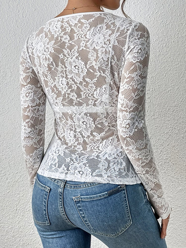 1716231 Long Sleeves Skinny Lacy See-Through Solid Color V-Neck T-Shirts