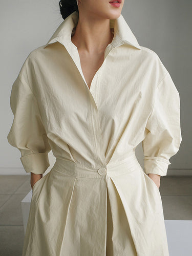 785175 Long Sleeves Loose Buttoned Solid Color Lapel Midi Dresses