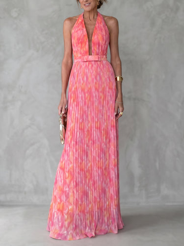 Pink Printed Deep V-Neck Maxi Dress Uoozee official Pink Printed Deep V-Neck Maxi Dress Uoozee official
