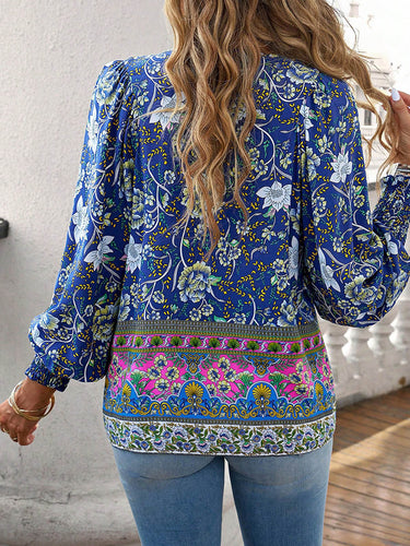 1744072 Long Sleeves Loose Contrast Color Drawstring Flower Print Pleated Split-Joint V-Neck Blouses&Shirts Tops