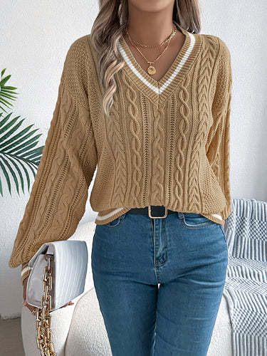 1713201 Long Sleeves Puff Sleeves Cable Knit Contrast Color Split-Joint V-Neck Knit Top Sweater Tops