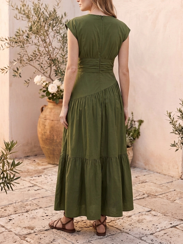 1786734 A-Line High Waisted Pleated Solid Color Split-Joint Round-Neck Maxi Dresses