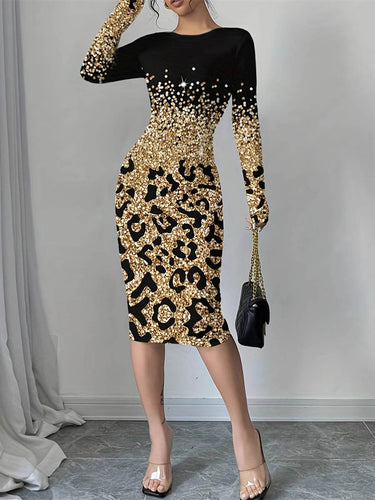 Uoozee-official Bodycon Long Sleeves Contrast Color Leopard Shiny Split-Joint Round-Neck Midi Dresses Black / XL