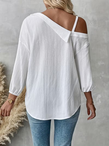 1782091 Long Sleeves Loose Buttoned Pockets Solid Color One-Shoulder Blouses&Shirts Tops