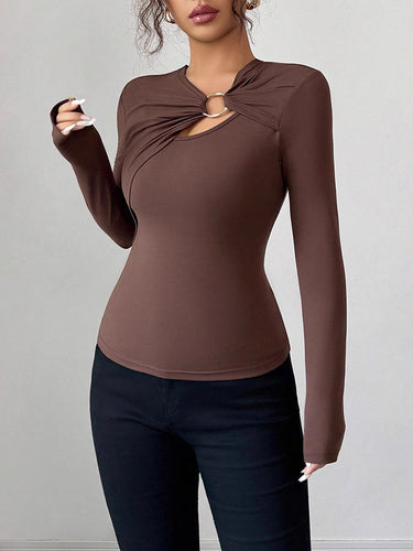 1715882 Long Sleeves Skinny Solid Color Split-Joint Asymmetric Collar T-Shirts
