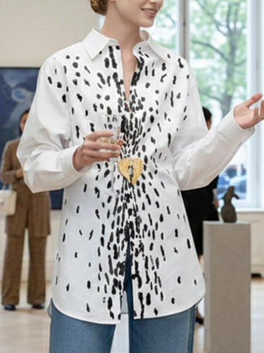 Long Sleeves Loose Brooch Elasticity Heart Shape Pleated Print Lapel Collar Blouses&Shirts Tops