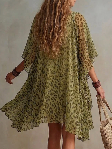 1779184 Batwing Sleeves Half Sleeves Asymmetric Contrast Color Leopard Ruffle Trim See-Through Deep V-Neck Mini Dresses