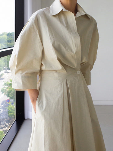 785182 Long Sleeves Loose Buttoned Solid Color Lapel Midi Dresses