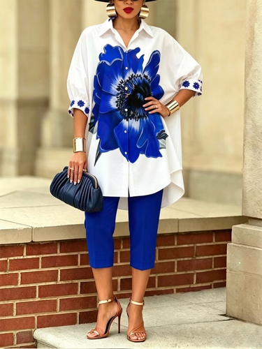 1782518 Half Sleeves Loose Buttoned Flower Print Lapel Blouses&Shirts Tops