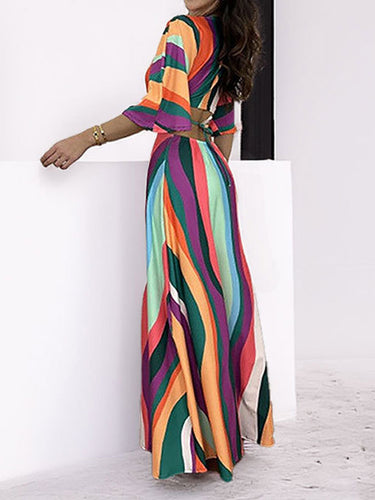 1775694 A-Line Cropped Contrast Color Knot Printed Split-Joint Deep V-Neck Maxi Dresses
