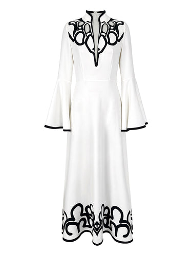 A-Line Flared Sleeves Abstract Printed Contrast Color Hollow Line Split-Joint Stand Collar Maxi Dresses