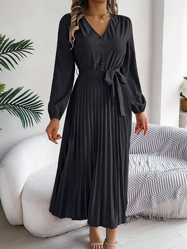 1713867 High Waisted Long Sleeves Belted Buttoned Pleated Solid Color V-Neck Maxi Dresses