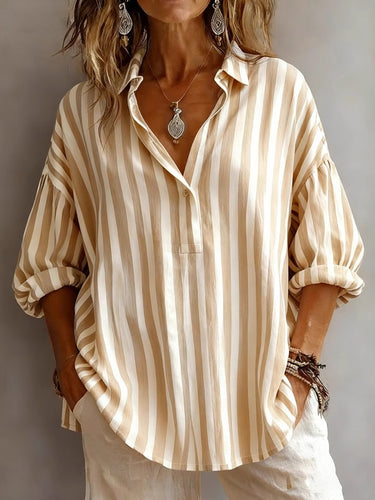 1783483 Long Sleeves Loose Buttoned Contrast Color Striped Lapel Blouses&Shirts Tops