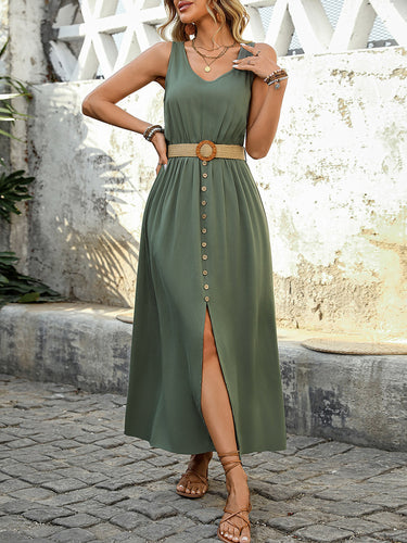 1768560 High Waisted Sleeveless Belt Buckle Buttoned Pleated Solid Color V-Neck Maxi Dresses