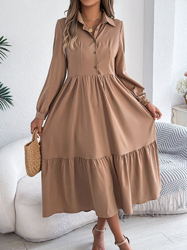 1713701 High Waisted Long Sleeves Pleated Ruffled Solid Color Lapel Midi Dresses Shirt Dress