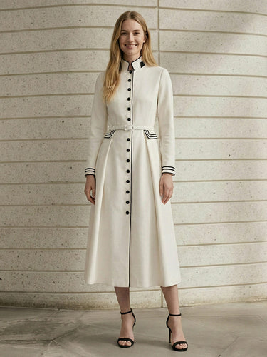 1749876 A-Line Elasticated Waist Belted Buttoned Contrast Color Line Split-Joint Stand Collar Maxi Dresses