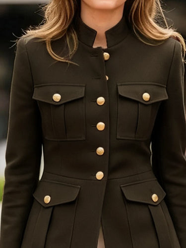 Long Sleeves Buttoned Pleated Pockets Solid Color Stand Collar Outerwear