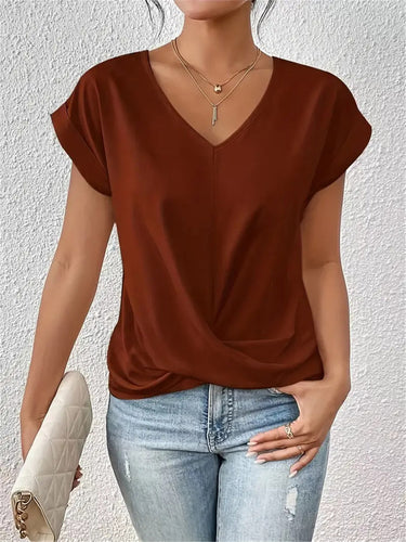 1768300 Loose Plus Size Pleated Solid Color V-Neck T-Shirts Tops