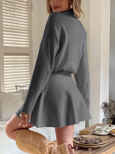 1732163 A-line High Waisted Elasticity Solid Color Round-neck Mini Dresses Sweater Dresses