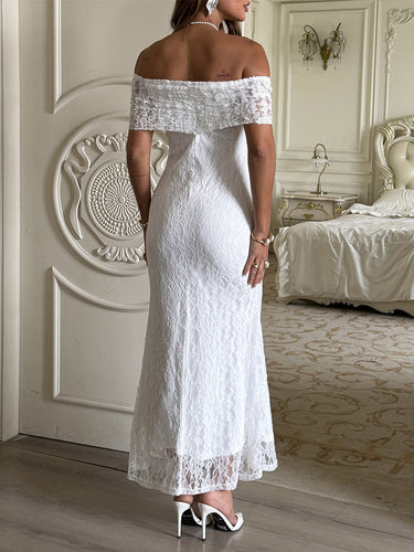 1765537 Hoog getailleerde mouwloze jacquard Doorzichtige effen kleur Split-joint Off-the-shoulder maxi-jurken