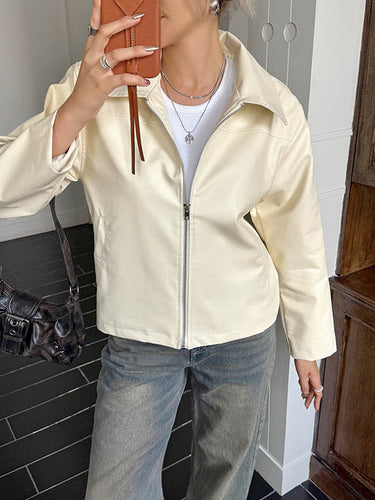 1723943 Long Sleeves Pockets Solid Color Zipper Lapel Jackets Overcoat