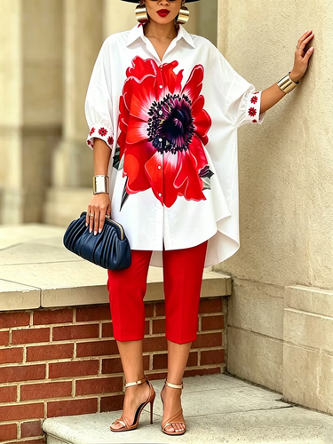 1782515 Half Sleeves Loose Buttoned Flower Print Lapel Blouses&Shirts Tops