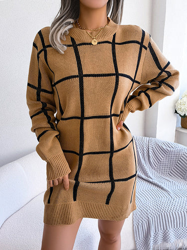 1713369 Elasticated Waist Long Sleeves Belted Contrast Color Plaid Round-Neck Mini Dresses Sweater Dresses