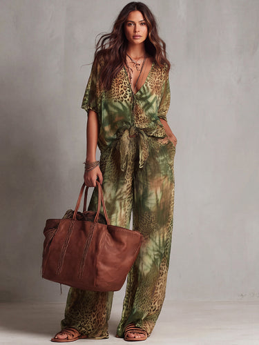 1781450 Half Sleeves Loose Contrast Color Knot Leopard Printed See-Through Deep V-Neck Blouses&Shirts Tops
