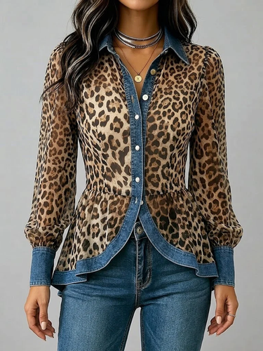 1779528 Long Sleeves Puff Sleeves Buttoned Contrast Color Leopard Pleated Split-Joint Lapel Blouses&Shirts Tops