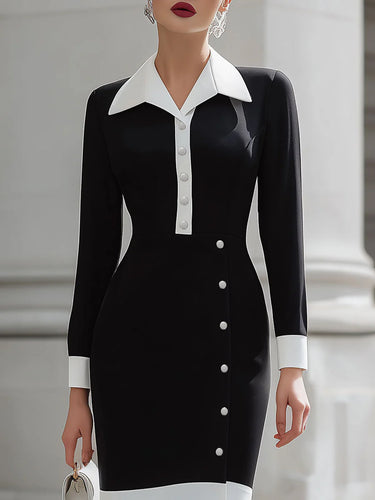 High Waisted Long Sleeves Buttoned Contrast Color Split-Front Split-Joint Lapel Midi Dresses