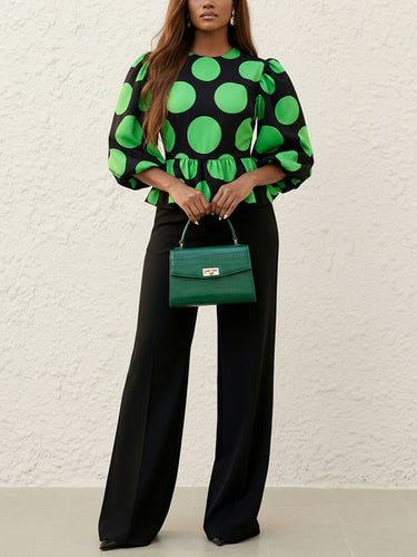 1733978 Loose Puff Sleeves Elasticity Pleated Polka-Dot Round-Neck Blouses&Shirts Tops