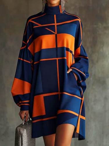 Uoozee-official Long Sleeves Loose Contrast Color Pleated Pockets Split-Joint Zipper High Neck Mini Dresses MIXED Color / XL