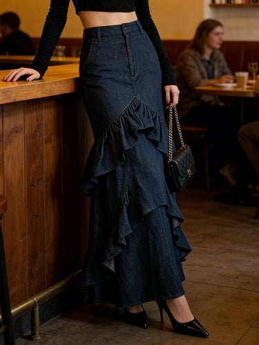 Bodycon High Waisted Ruffled Solid Color Split-Joint Skirts Bottoms