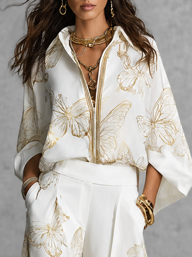 1781457 Long Sleeves Loose Butterfly Print Contrast Color Lapel Blouses&Shirts Tops
