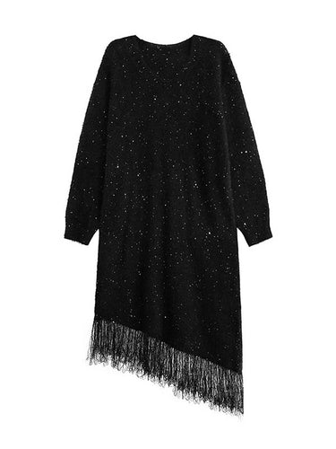 1720280 Irregularity Long Sleeves Contrast Color Sequined Shiny Split-Joint Tasseled V-Neck Midi Dresses Sweater Dresses