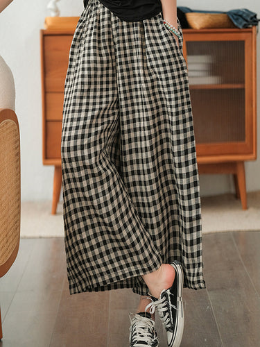 Pantalones de dibujo a cuadros de lino retro de lino retro