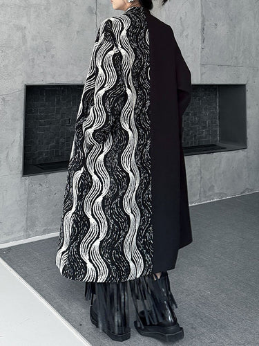 1720702 Long Sleeves Loose Buttoned Contrast Color Pockets Stand Collar Woolen Coat