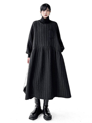 1720220 A-Line Long Sleeves Embossed Pockets Quilted Solid Color Split-Joint High Neck Midi Dresses Sweater Dresses