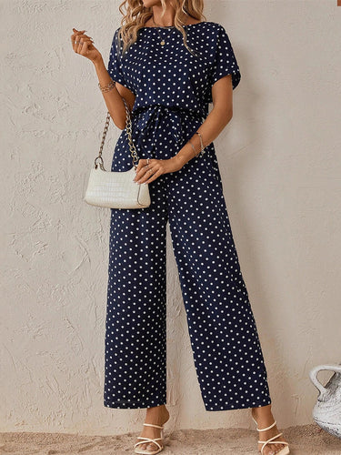 1763726 High Waisted Ninth Pants Contrast Color Polka-Dot Split-Joint Tied Waist Round-Neck Jumpsuits