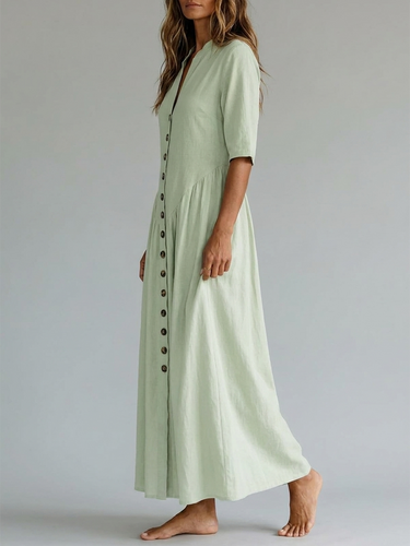 1785804 Half Sleeves Puff Sleeves Buttoned Pleated Solid Color Split-Joint Deep V-Neck Maxi Dresses