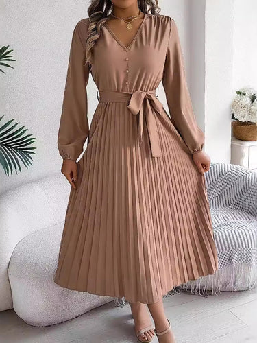 1713841 High Waisted Long Sleeves Belted Buttoned Pleated Solid Color V-Neck Maxi Dresses