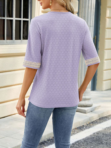 1499195 Loose Short Sleeves Contrast Color Hollow Split-Joint V-Neck T-Shirts Tops