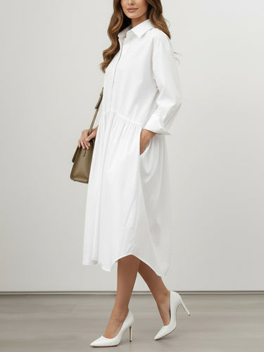 1740240 Long Sleeves Loose Buttoned Pleated Solid Color Split-Joint Lapel Midi Dresses