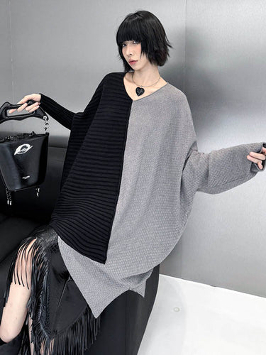 1720143 Batwing Sleeves Irregularity Asymmetric Contrast Color Split-Joint Textured V-Neck Sweater Tops