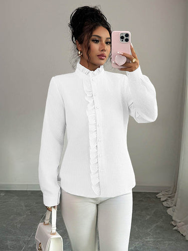 1731605 Long Sleeves Skinny Buttoned Ruffled Split-Joint Striped Stand Collar Blouses&Shirts Tops
